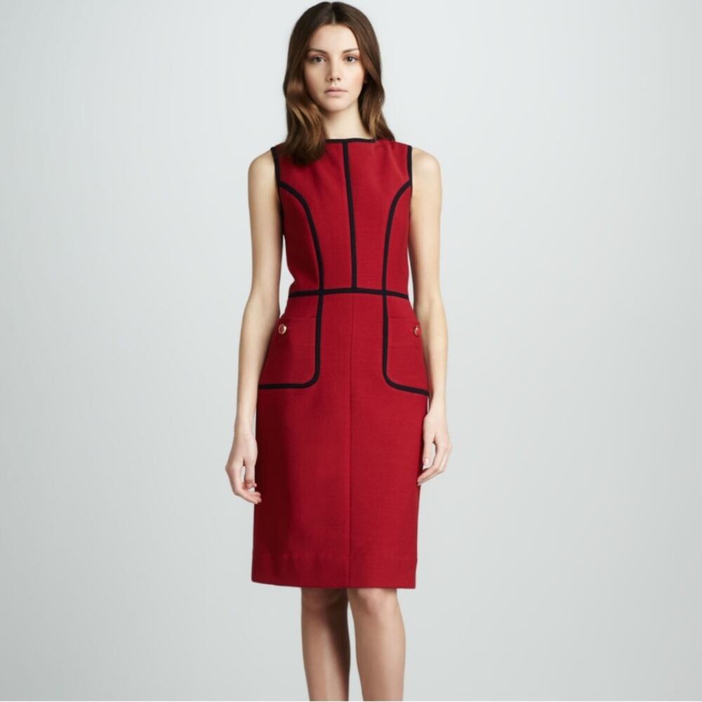 Tory Burch Azalea Contrast Piping Red and Navy Wool Blend Dress